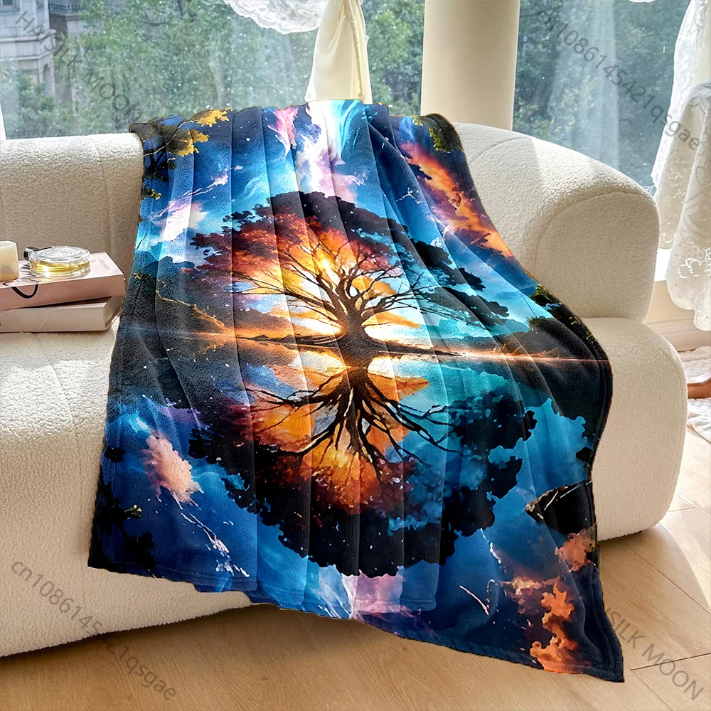 1PC Vibrant tree reflected in cosmic sky Print Blanket Warm Soft Fluffy Kids and Adult Sofa Bed Throw Outdoor Travel Camping RV