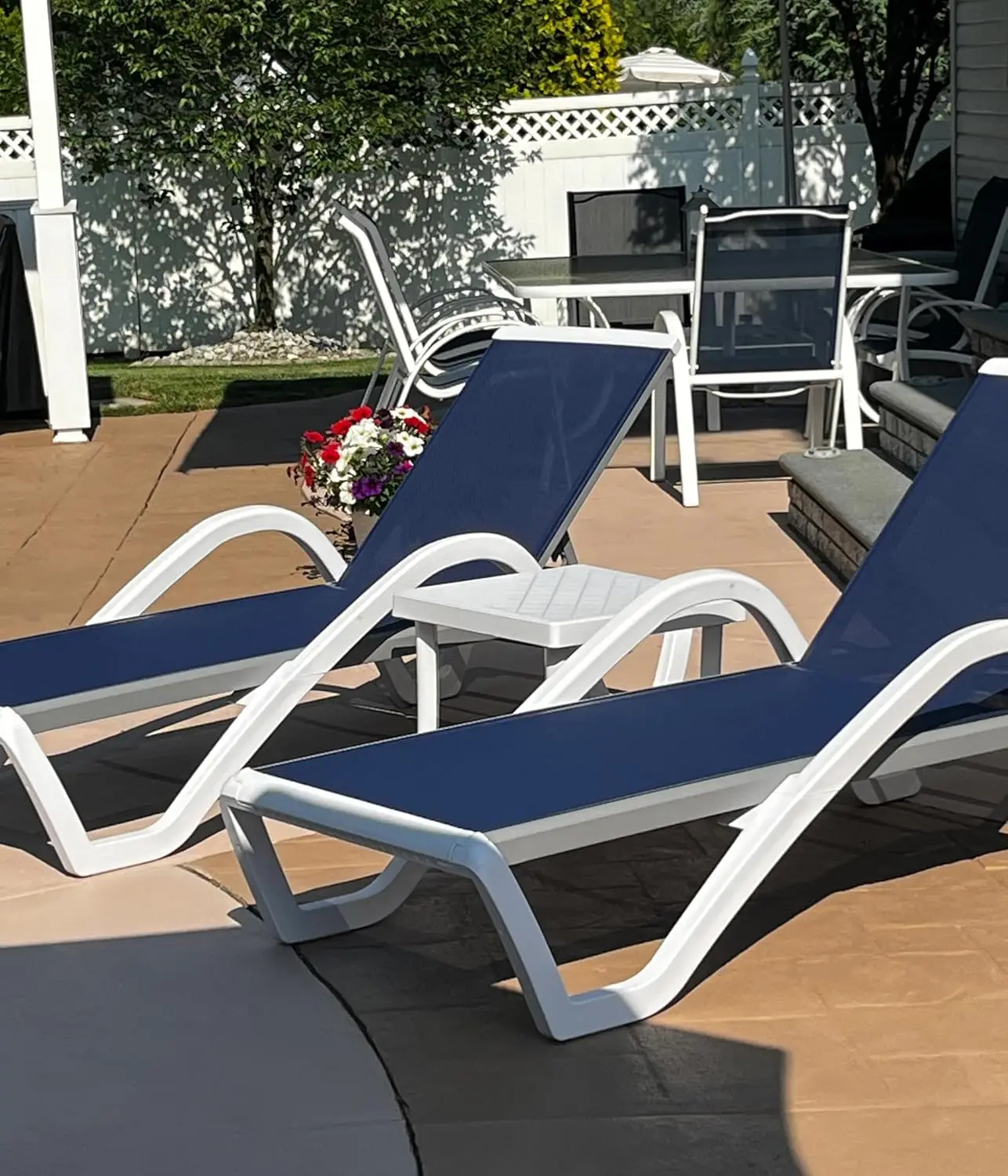 

Aluminum Plastic Stackable Chaise Lounge Set Of 3 With Armrests & Side Table For Pool Beach Deck Outdoor, Navy Blue, Customized