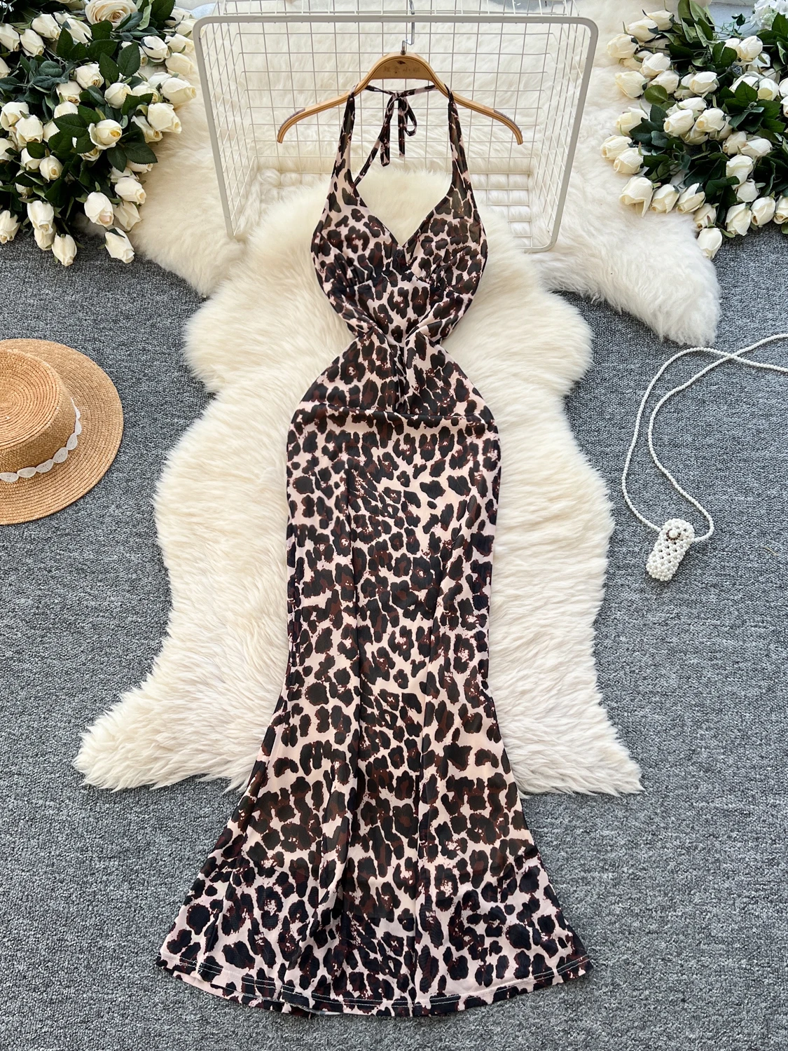

Foamlina Women's Luxury Sexy V-neck Leopard Print Long Dress Female Backless Sleeveless Tight Fish Tail Halter Suspender Dress