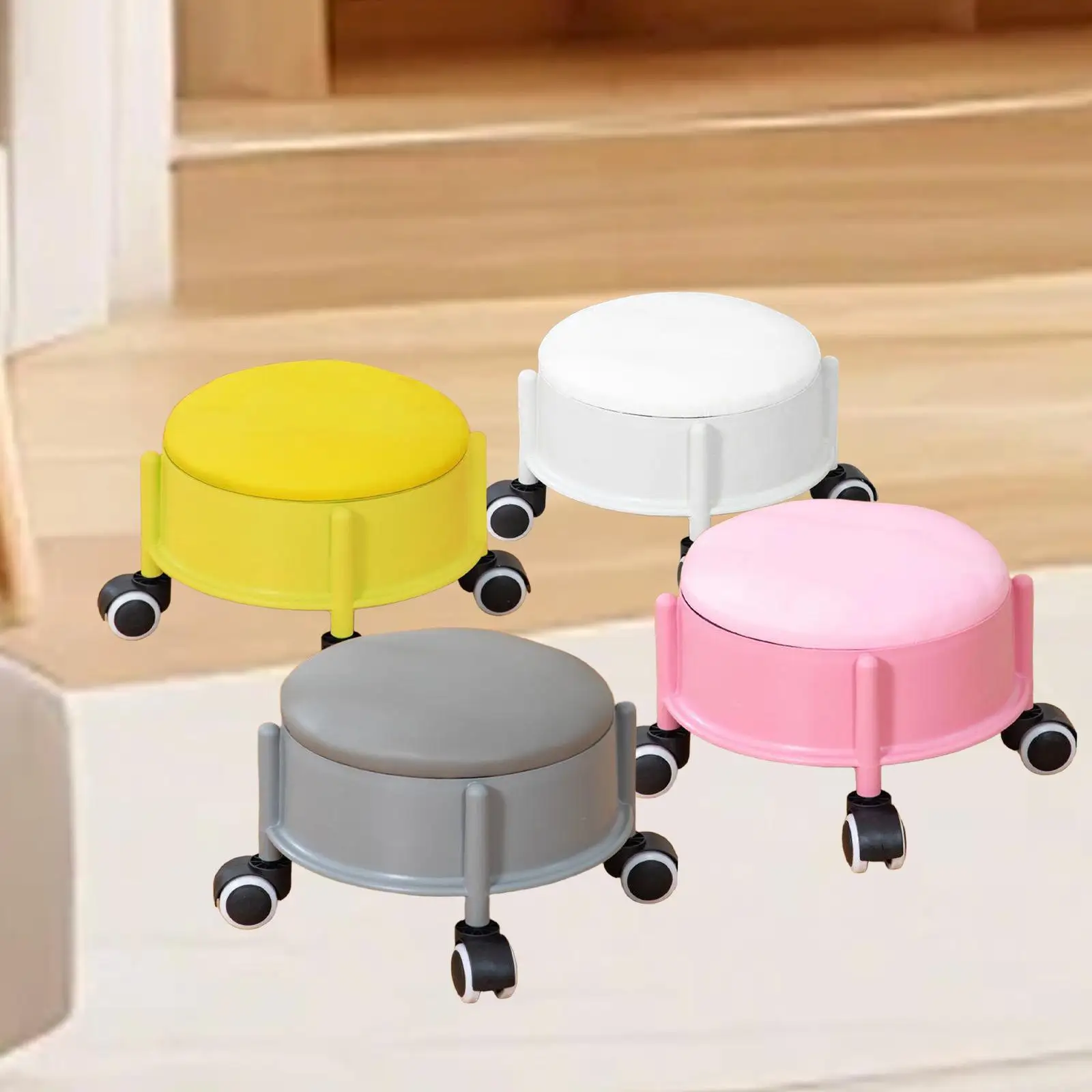 

360 ° Вращающийся табурет с низким роликовым сиденьем, детский и женский табурет на колесиках, круглый табурет для работы по дому для парикмахерской, салонов, дома, кухни, офиса