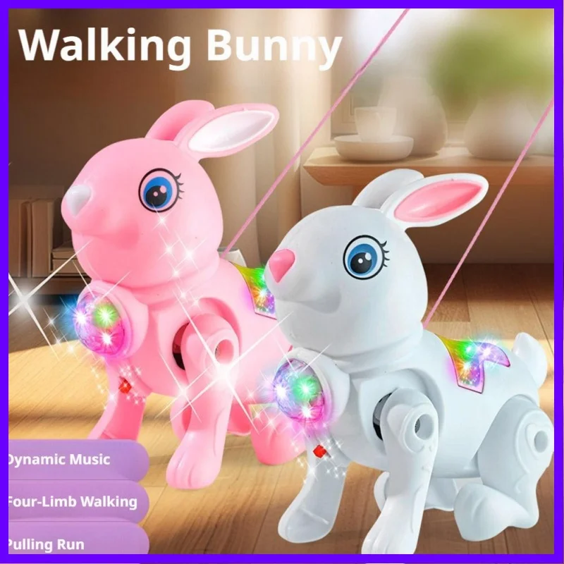 Interactive Electric Pet Rabbit Toy with Leash Light Up Walking Toy for Toddlers Sound Glowing Bunny Gifts for Boys Girls