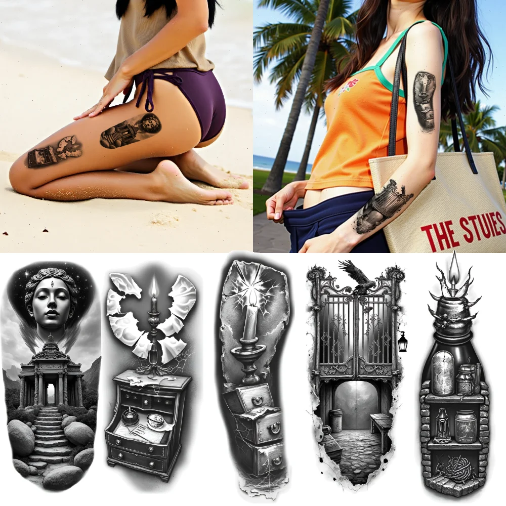12pcs Temporary Tattoo Skeleton Black And Grey Realism Mirror Owl Realistic Temporary Tattoos Temple For Thighs Women Men