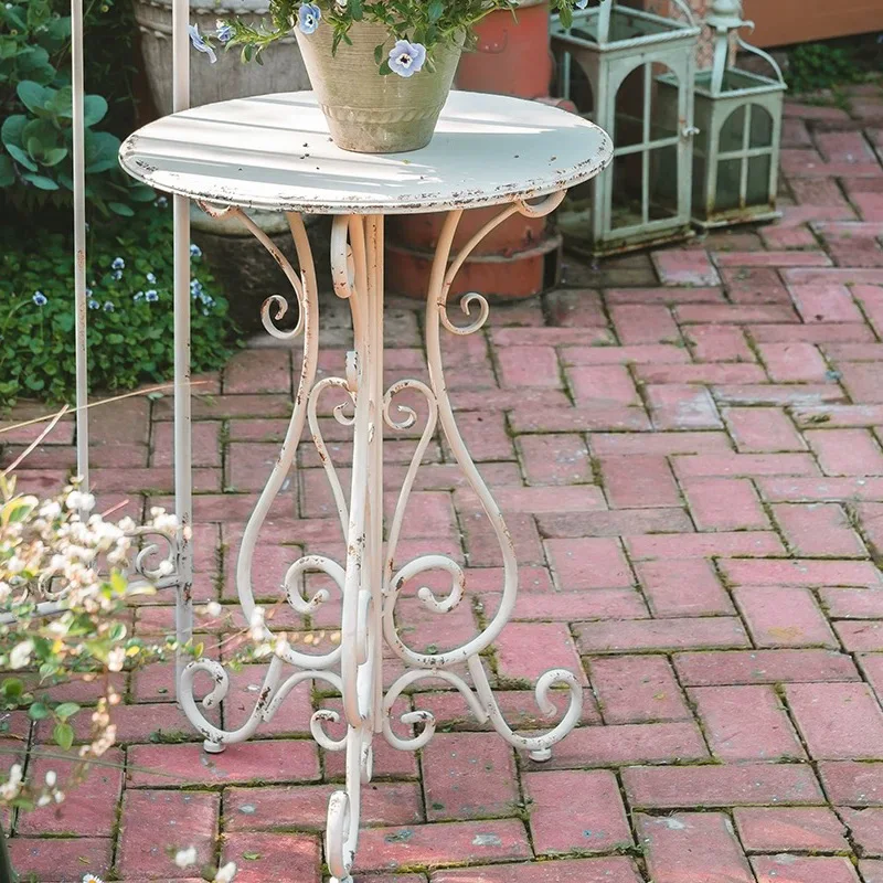 Outdoor Metal Iron Round Side Table Vintage White