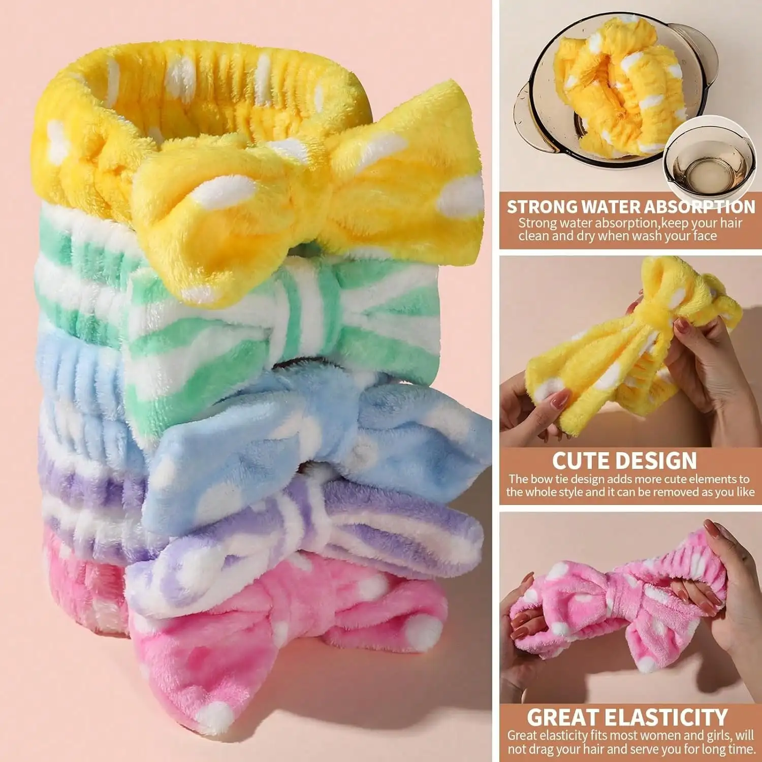 

Ultra Absorbent Microfiber Headband 5 Piece Set With Removable Bow For Women Face Washing Makeup Spa