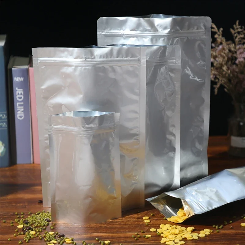 50/25 Stück silberne Standbeutel mit Reißverschluss aus reiner Mylar-Folie, selbstklebende, wiederverwendbare, wiederverschließbare Doypack-Aufbewahrungsbeutel mit Reißverschluss für Lebensmittel – Detail 4