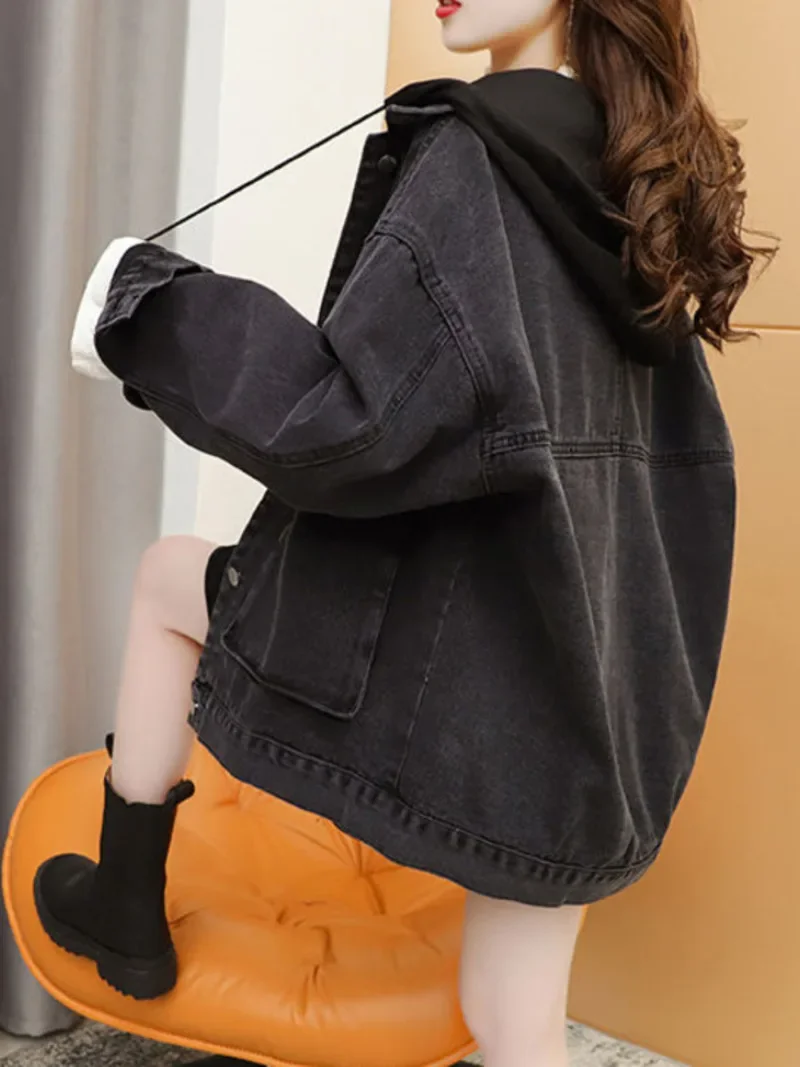 Streetwear Black Denim Jackets Women Korean Fashion Patchwork Hooded Spring Jacket Casual Chaquetas Veste En Jeans Pour Femme