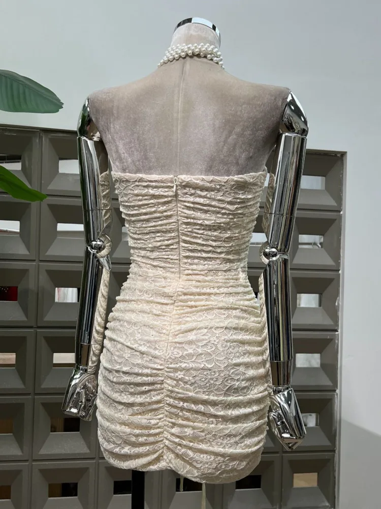 DFDG – Mini robe Bustier froncée et moulante en dentelle pour femmes, tenue de soirée moulante aux hanches, printemps et été 2025