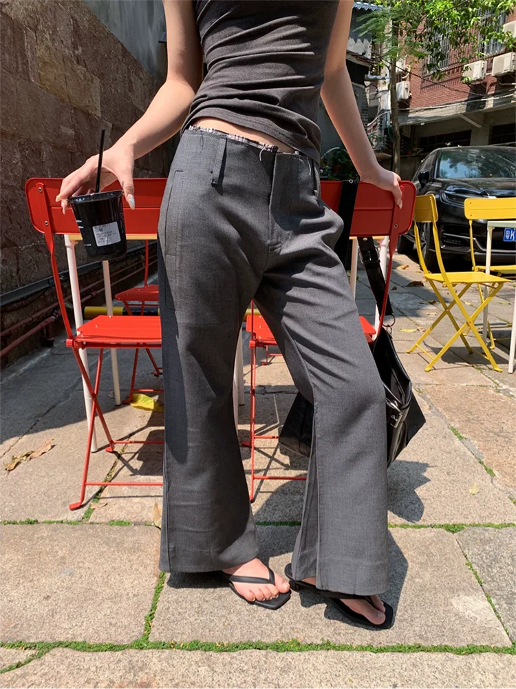 

V-shaped cropped nine suit pants can be worn in all seasons Gray / black micro-lapel fashion casual pants women