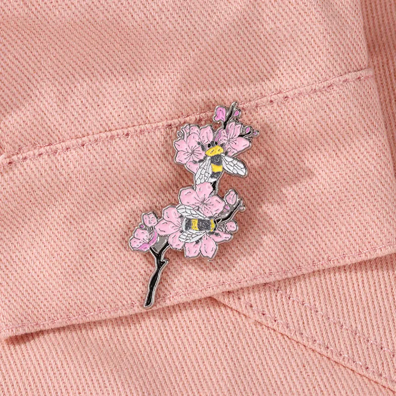 Cherry Blossom & Bumblebee Enamel Lapel Pin, Pink Floral Branch Black Stem Brooch, Silver Trim Zinc Alloy Decorative Badge