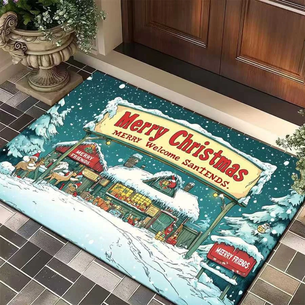 Winter Hello Pink Doormat Christmas Greeting Blue Entrance Rug Non Slip Floor Mat for Living Room Bedroom Balcony Holiday Decor