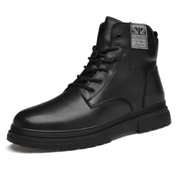Black Men's Genuine Leather Boots Lace Up High Top Shoes Winter Men's Cotton Boots Office Business Short Boots Big Size:38-49
