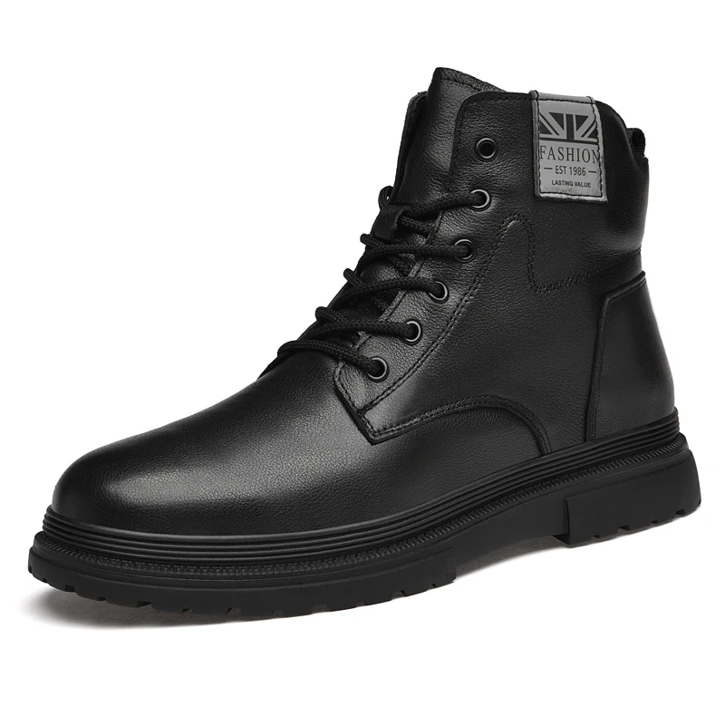 Czarne męskie buty ze skóry naturalnej, sznurowane, wysokie, zimowe buty męskie ocieplane bawełną, krótkie buty do biura i na co dzień, duże rozmiary: 38-49