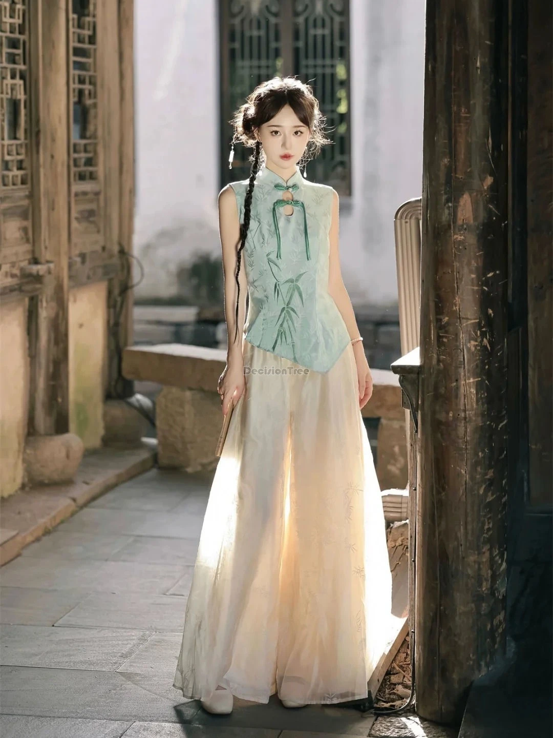 2025 نمط صيني جديد محسّن شيونغسام زر بلا أكمام بنطال فضفاض على الطراز الوطني 2 قطعة طقم بدلة تانغ أنيقة على الموضة #2