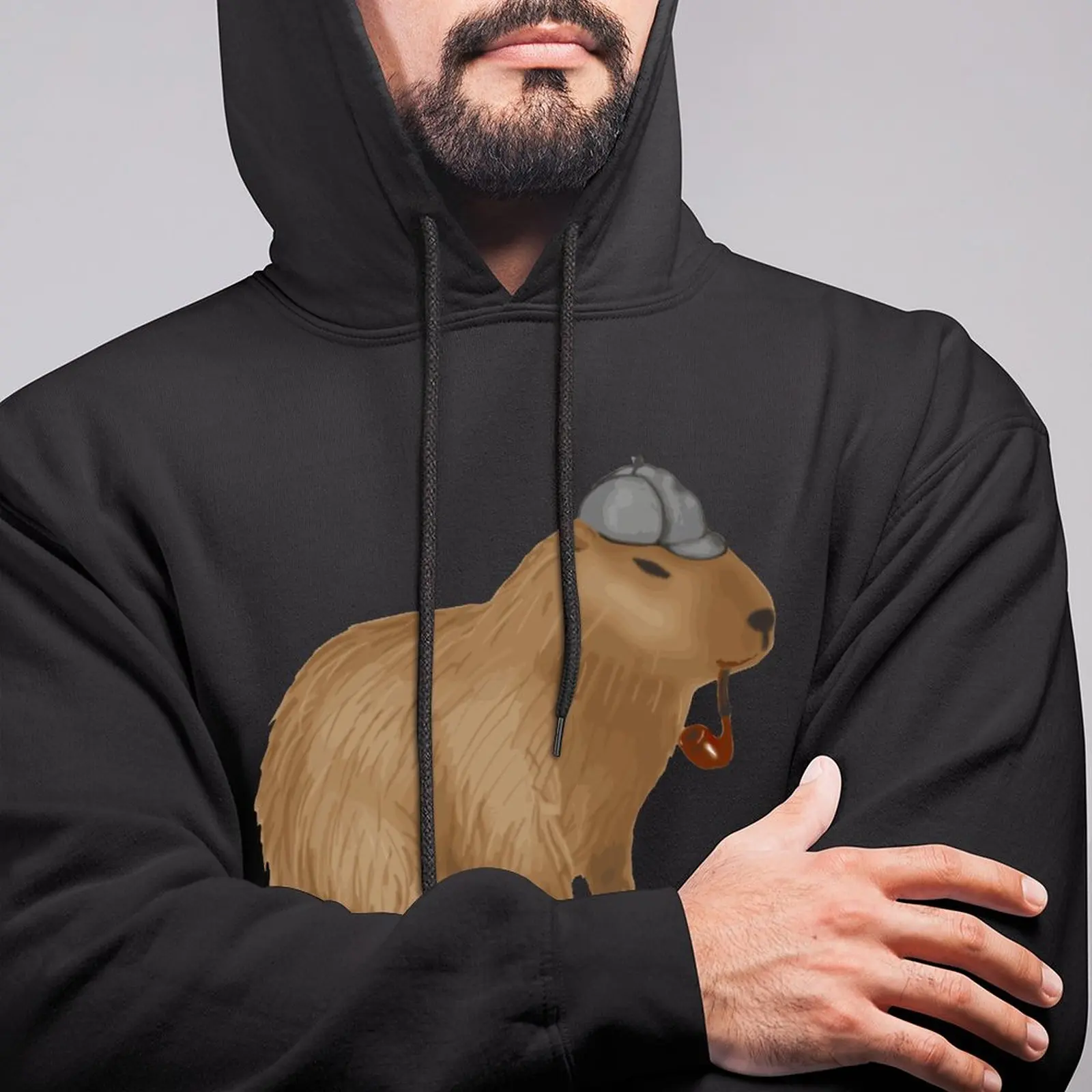 Capybara Mens Hoodie Sherlock Capybara Loose Warm Hoodies Stylish Long Cotton Pullover Hoodie Men XXL