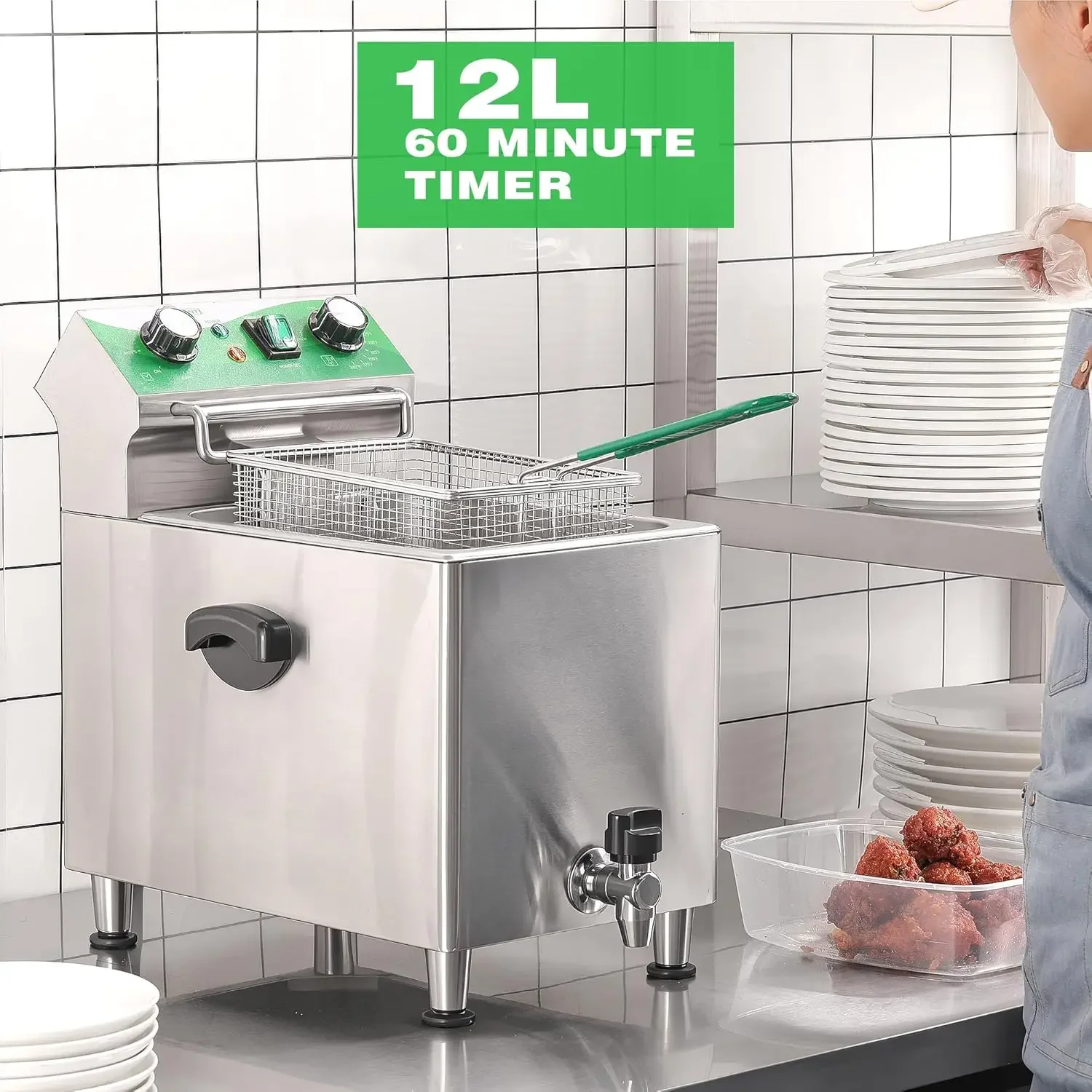 バスケットと蓋付きの電気カウンターフライヤー,市販,油ろ過とタイマー,ステンレス鋼,シングル,12l,12.7qt