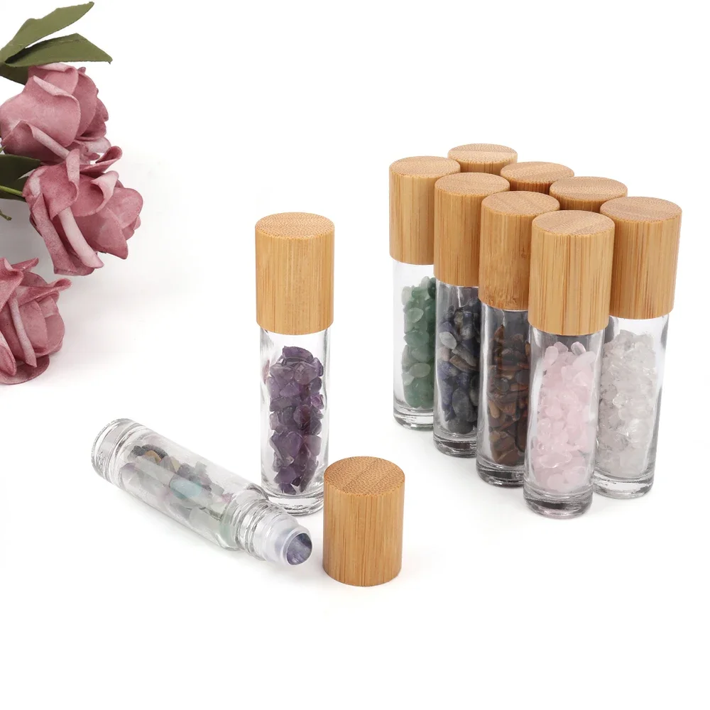 10pcs Essential Oil Bottles Roll On Roller Ball Crystal Chips Jade Stones Bottle 10ml Refillable Perfume Container Bamboo Lid