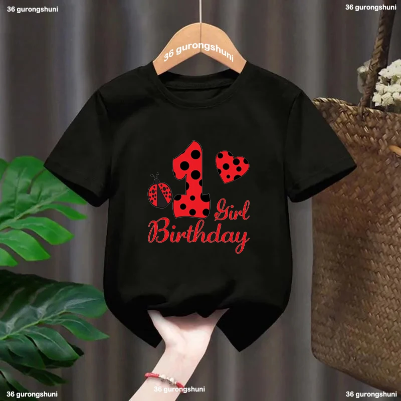 Black T-Shirt Red Ladybug Number 1-10 Tshirt Happy Birthday Gift T-Shirt Harajuku Kids Clothes Boys Girl Tshirt Short Sleeve Top