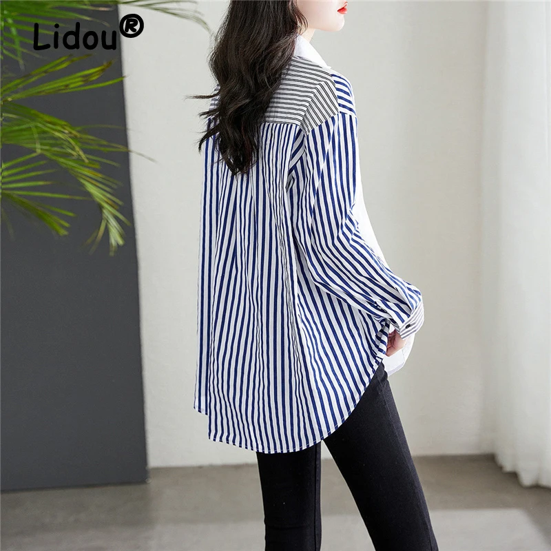 Women Striped Patchwork Pockets Streetwear Button Shirts Korean Fashion Long Sleeve Loose Blouses Chic Cotton Tunic Tops Blusas