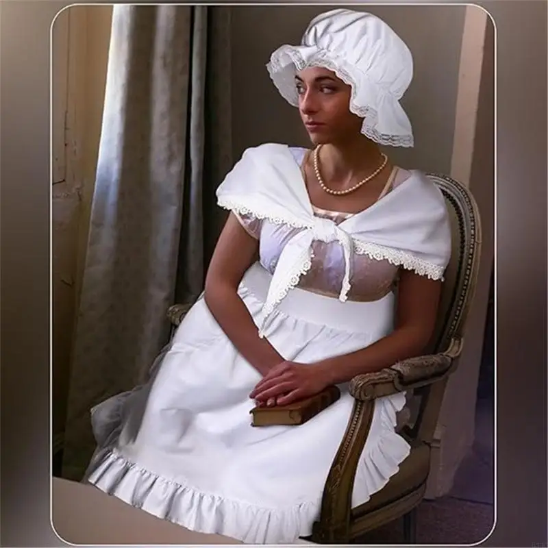 634C女性コロニアルコスチュームアクセサリーセットショールモブキャップボンネットフリルハーフエプロン