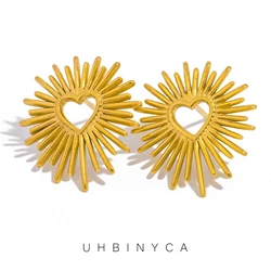 UHBINYCA Vintage Stainless Steel Heart Flower Earrings 18K Plated Texture Titanium Statement Ear Jewelry for Women Gift