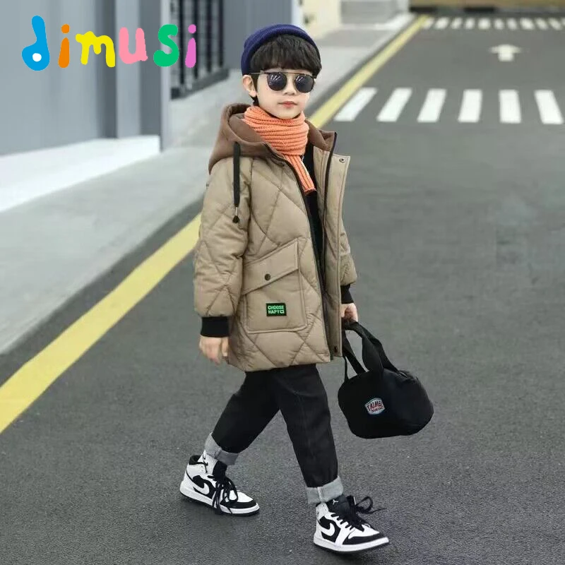 Winter Kids Coat Outdoor Casual Hooded Boys Thick Medium Long Cotton Padded Coat Fashion Windproof Warm Coat Children's Clothing