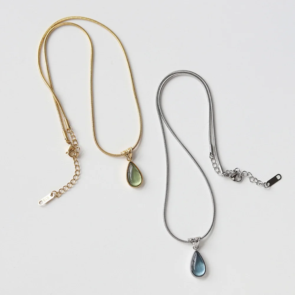 Titanium Drop Pendant Necklace Colorfast Olive-green Water Drop Neck Chain Tender Elegant French Vintage Necklace Unisex
