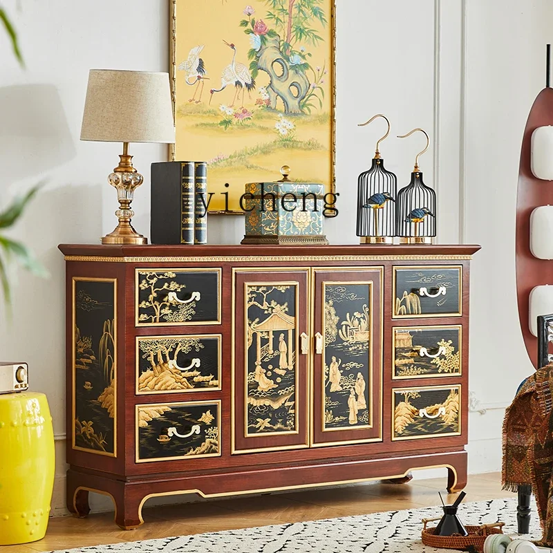 Neoclassical Chinese-style Painted All-solid Wood Dining Side Cabinet Middle Antique Bedroom TV Cabinet Entrance CabinetD25