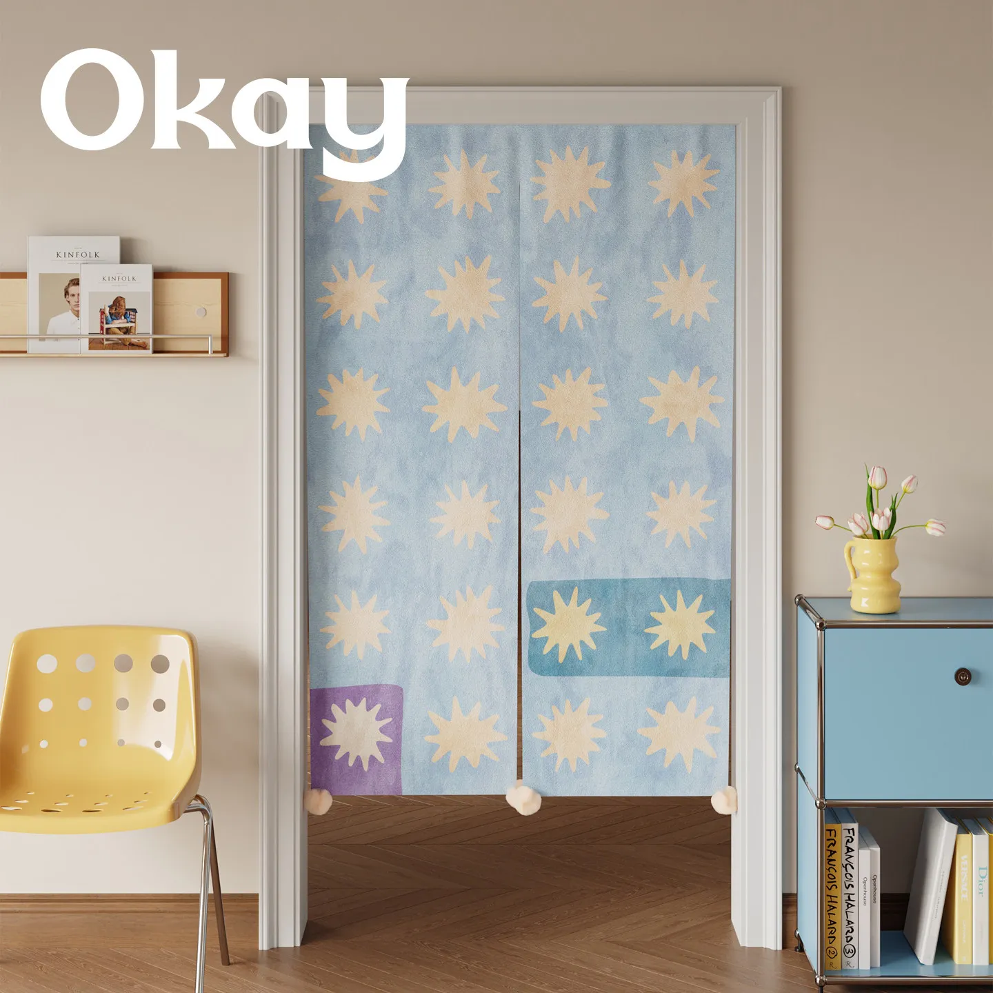 VIKAMA Light Blue Hand Noren Door Curtain Velcro Punch Free for Kitchen Cafe Minimalist Decor for Home & Commercial Use