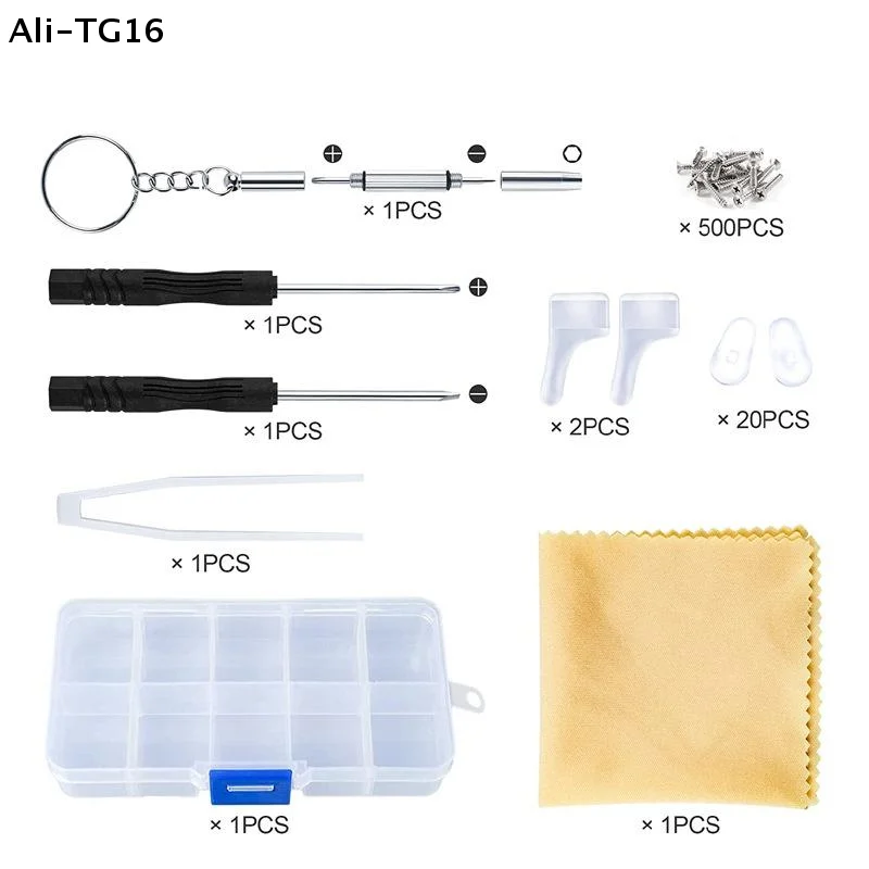 【TG16】500Pcs/Box 2026 New Eyeglasses Sunglass Repair Tool Kits With Screws Nose Pads Screwdriver Nuts Optical Parts Assorted