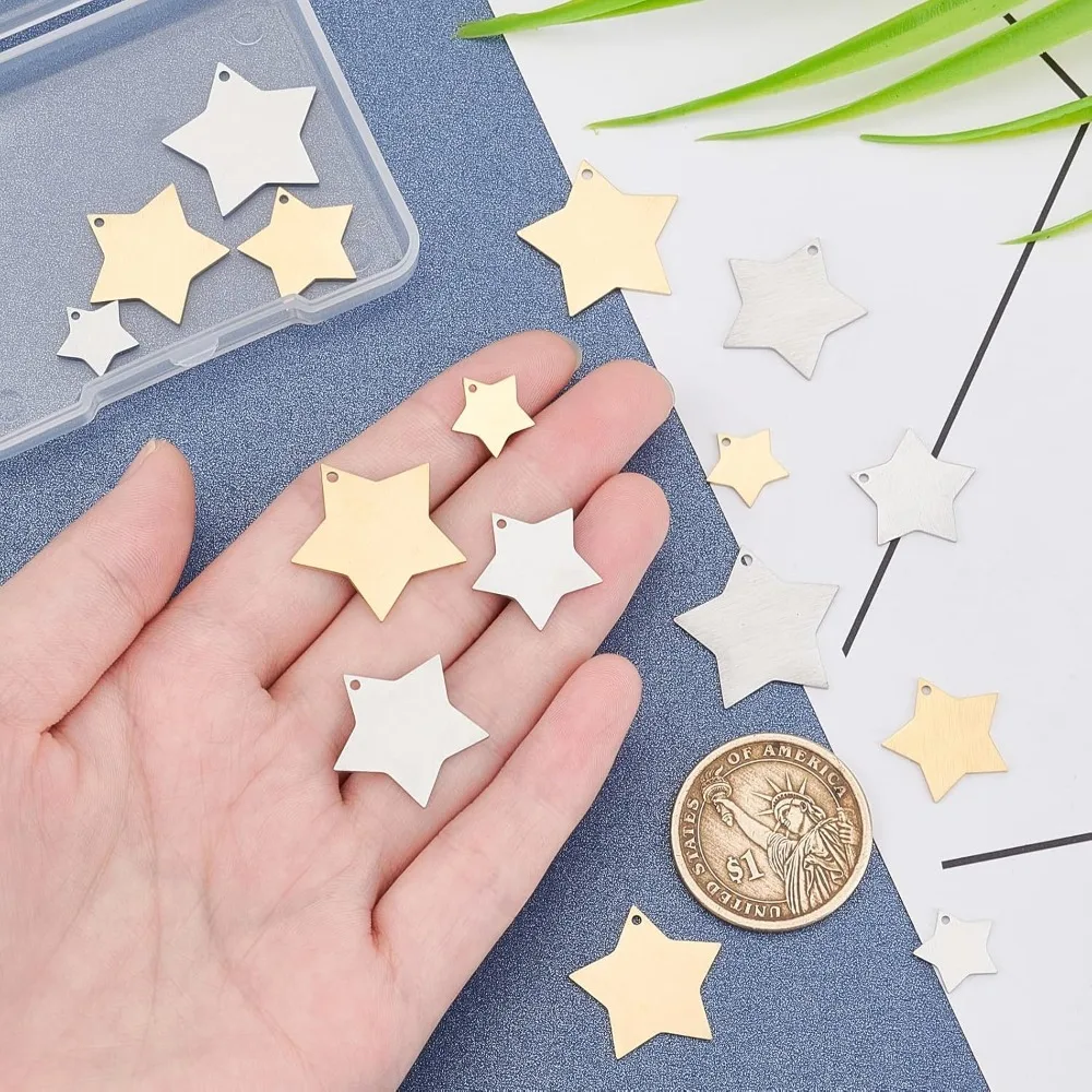 16Pcs 4 Sizes 2 Colors Stainless Steel Star Pendants Star Style Stamping Blank Tag Hypoallergenic Star Charm