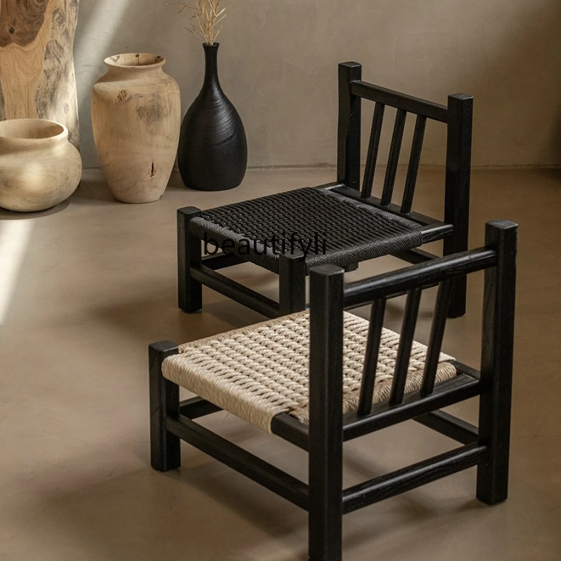 Home Balcony Small Chair Solid Wood Tatami Rope Woven Armchair Bay Window Low Stool Tea Space