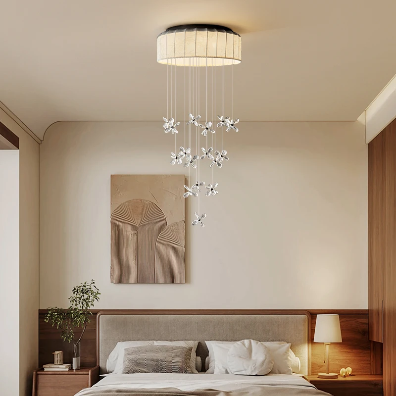 

Modern Ceiling Fabric Crystal Chandelier Nordic Duplex Villa Apartment Restaurant Stairwell Fabric Flower Ceiling Lamp