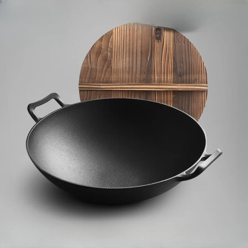 

Pig iron wok double ear round bottom cast non-stick pan old-fashioned thickened deep 36cm home