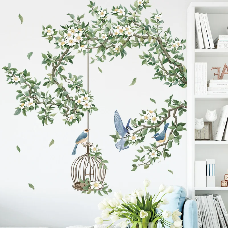 Colorful Flower Birdcage Flying Birds Wall Sticker Creative Home Decor Living Room Decals Wallpaper Bedroom Nursery Window Decor