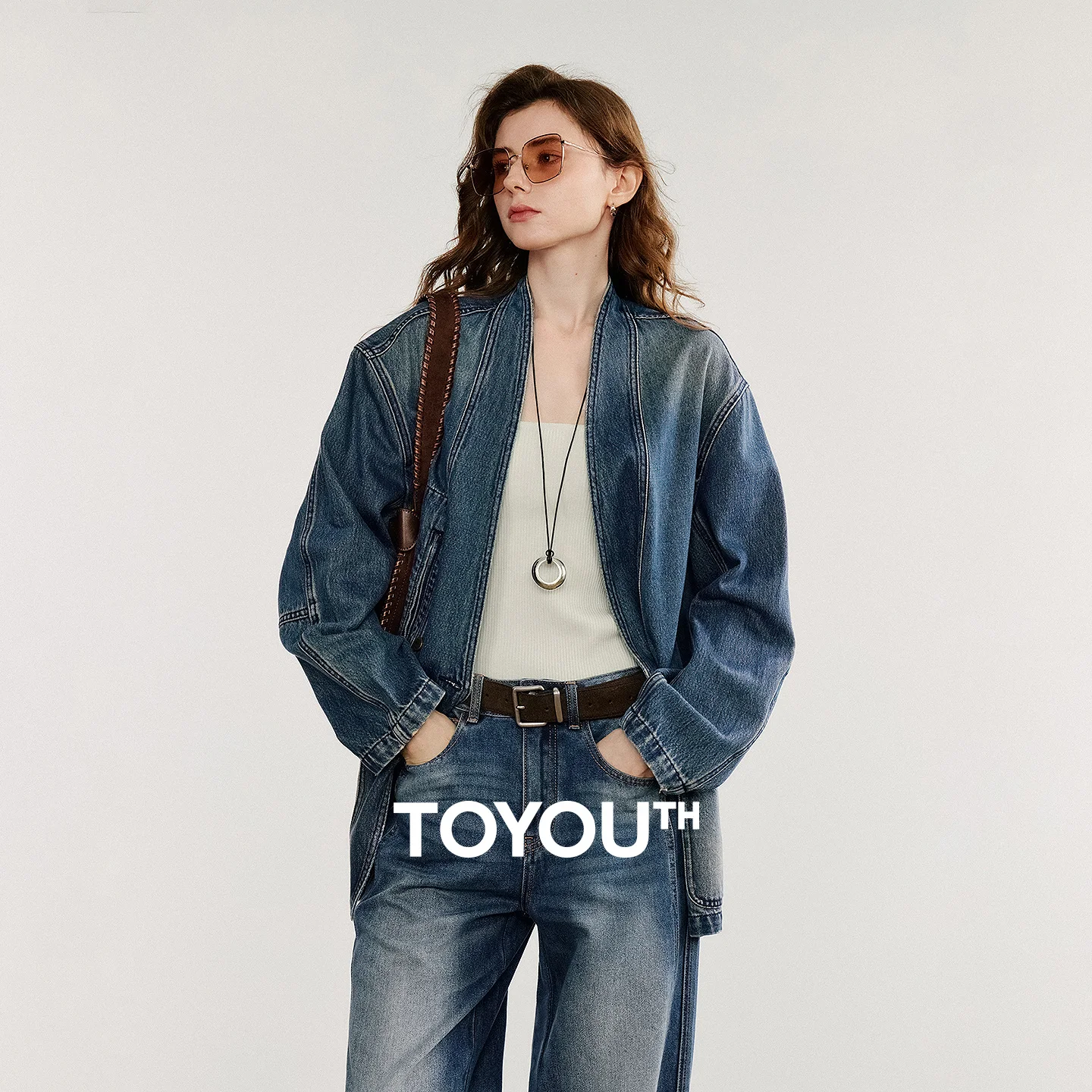 

TOYOUTH Women Casual Denim Jacket 2025 Autumn New Retro Streetwear V Neck Long Sleeve Jacket Coat