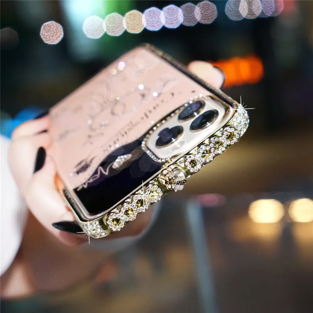 For iPhone 11 14 15 Pro Max 7 8 14 15 Plus SE X Xr Xs Max 12 13 Pro Max Case Glitter Rhinestone Metal Bumper Case Diamond Cover