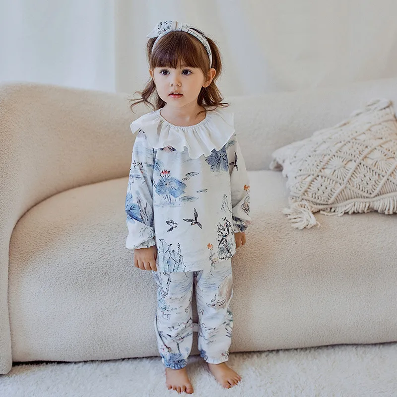 2024 Children Pajamas Baby Girls Autumn Winter Cute Printed Pajamas Girl Thin Home Clothing for Children Daily Two Piece Set