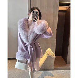 Shpmishal Korean Fashion Purple Woolen Coat Women's Winter New Large Haired Collar Waist Fur Coats Female Clothing