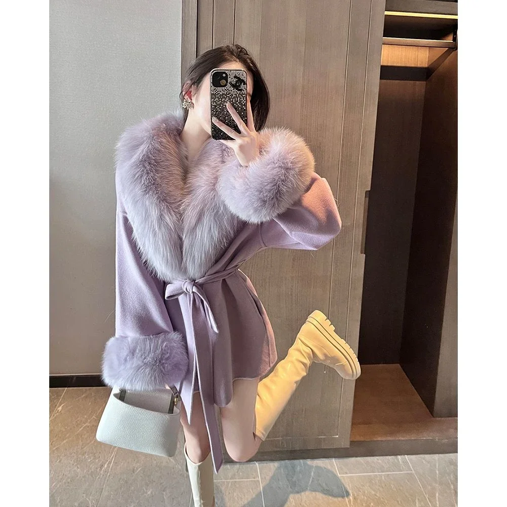 Shpmishal Korean Fashion Purple Woolen Coat Women's Winter New Large Haired Collar Waist Fur Coats Female Clothing