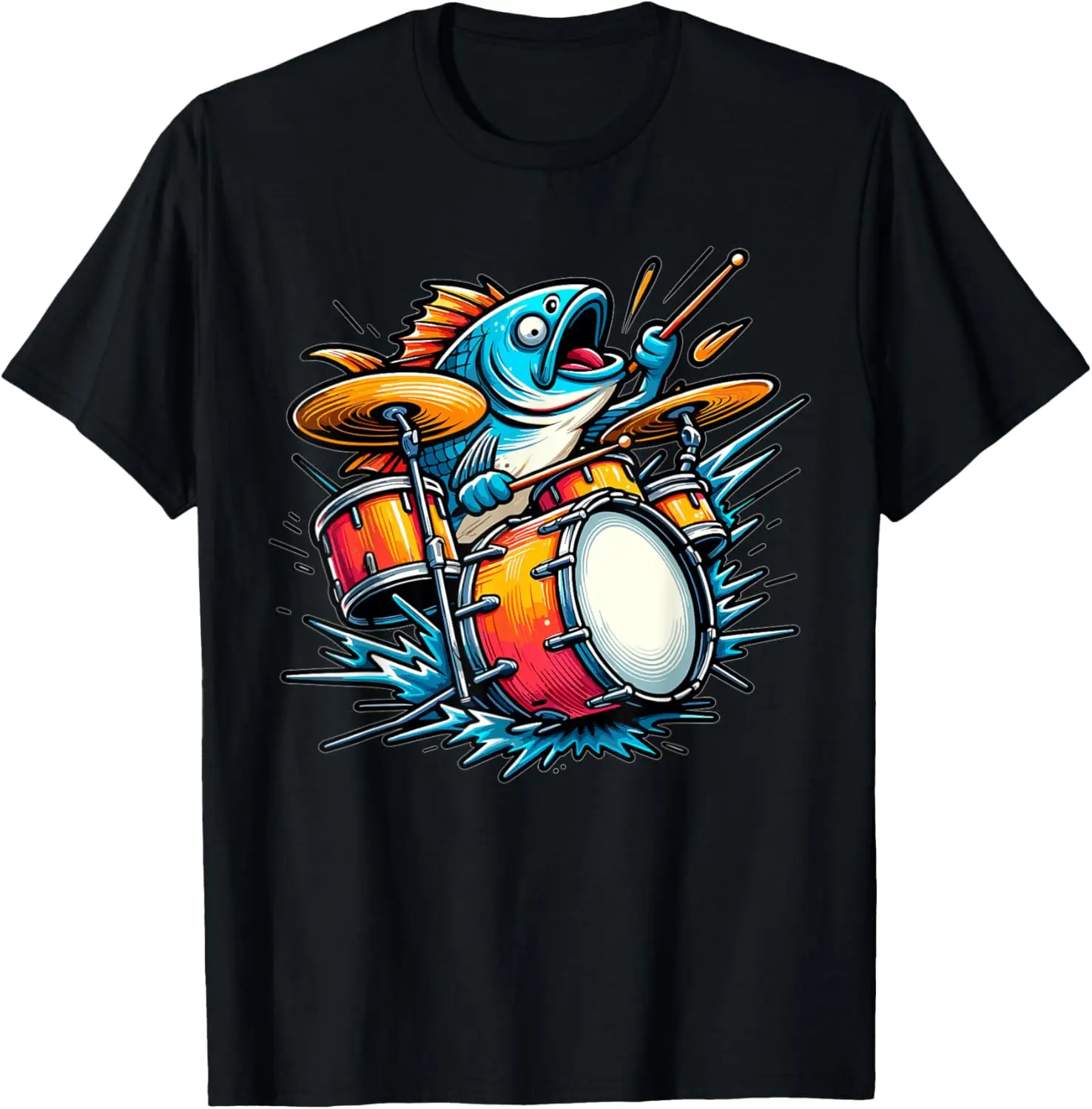 camiseta-com-design-engracado-de-pesca-peixe-tocando-bateria