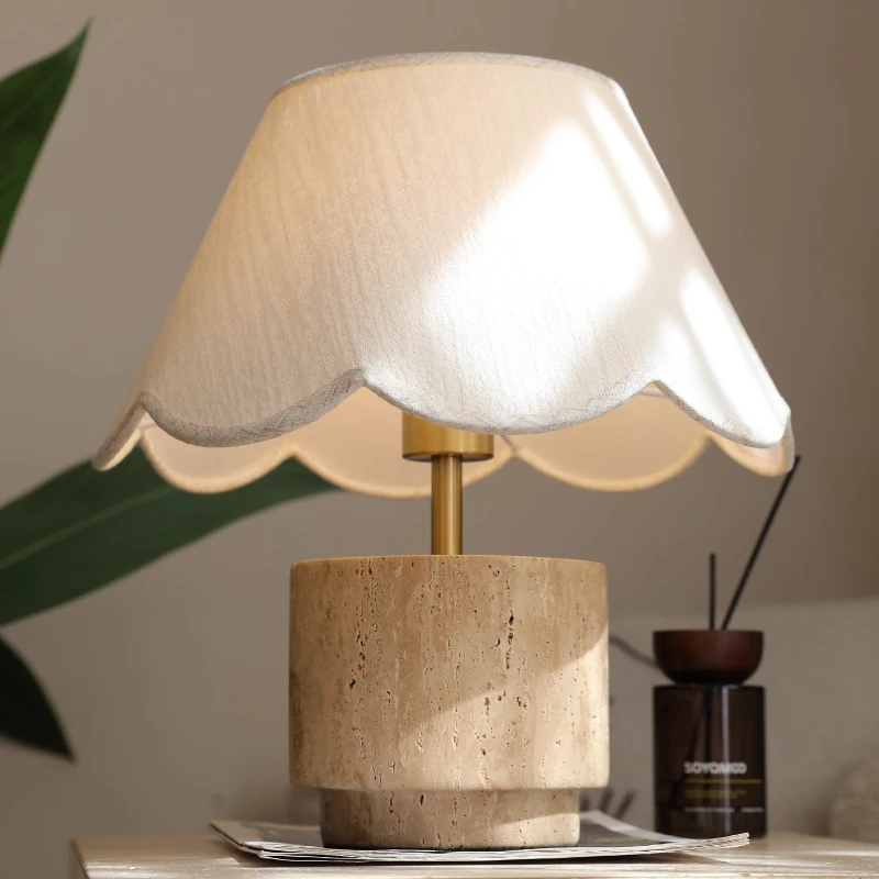 Japanese Rotundity Yellow Travertine LED Table Lamp White Petal Fabric Lampshade Living Room Bedroom Restaurant Study Desk Light