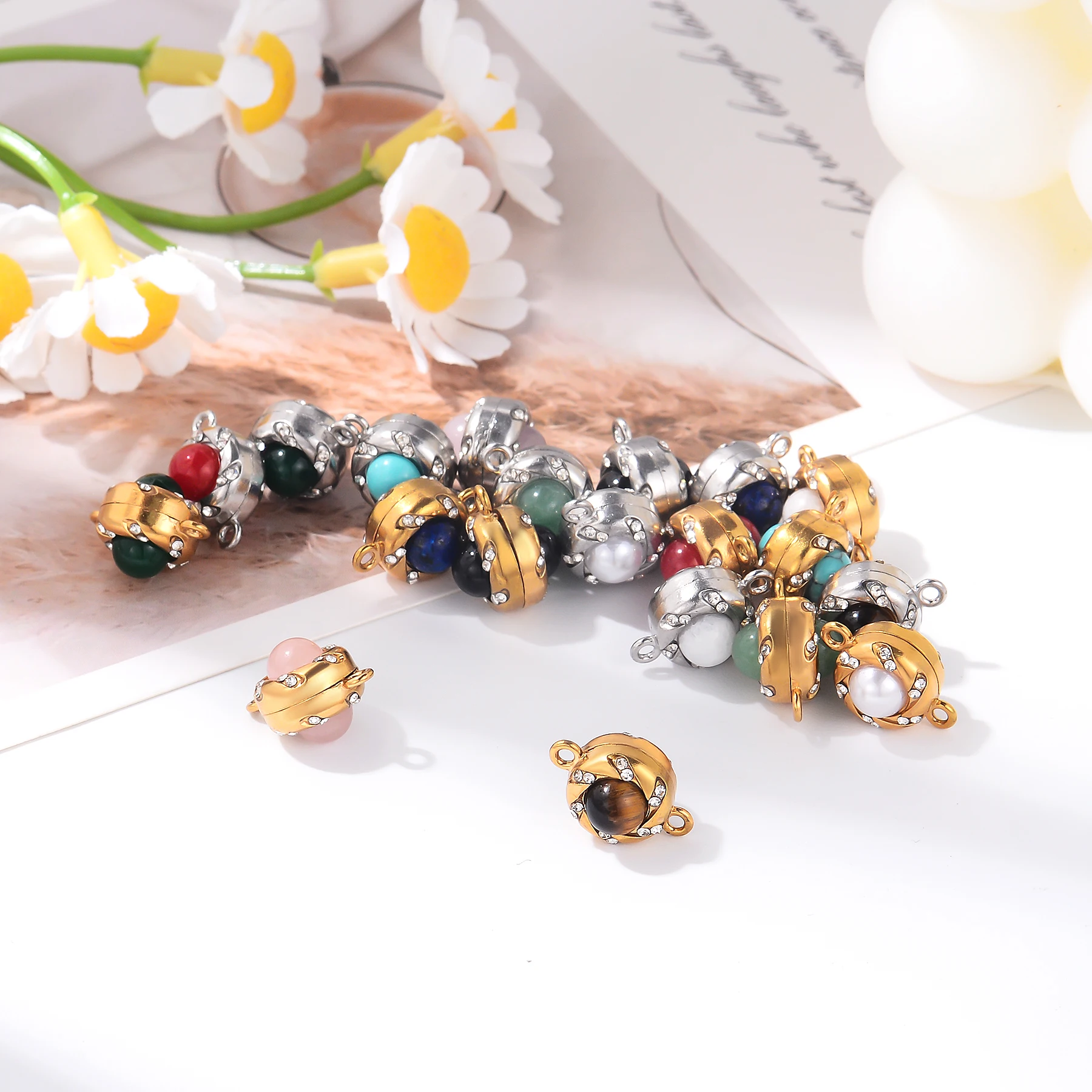 2 Sets/Lot 9mm*14mm Edelstahl Naturstein Magnetverschluss Perlen für handgefertigte DIY Armband Schmuckherstellung Zubehör – Detail 4