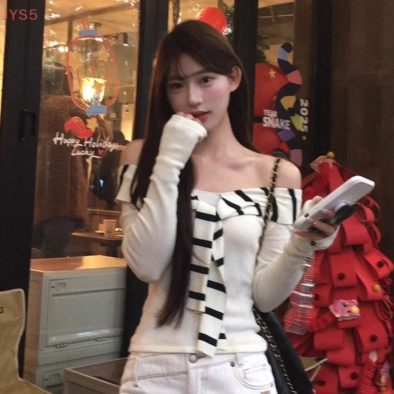 Camiseta coreana con cordones a rayas para mujer, Top ajustado versátil de manga larga con hombros descubiertos Sexy
