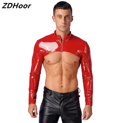 Mens Patent Leather Crop Top Stand Collar Long Sleeve Front Zipper Arm Sleeve Shrug Slim Top Showing Muscle Clubwear