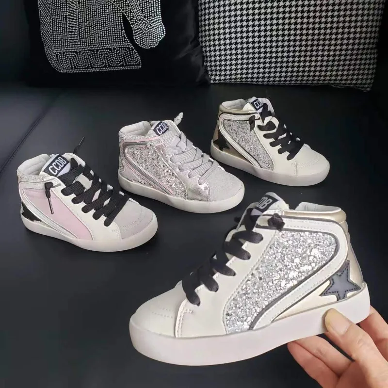 

Children Street Rubber Sole Lace-Up Skate Shoes Kids High-Top Sequin Casual Sports Shoes Boy Girl Casual Shoes Vulcanized Shoes