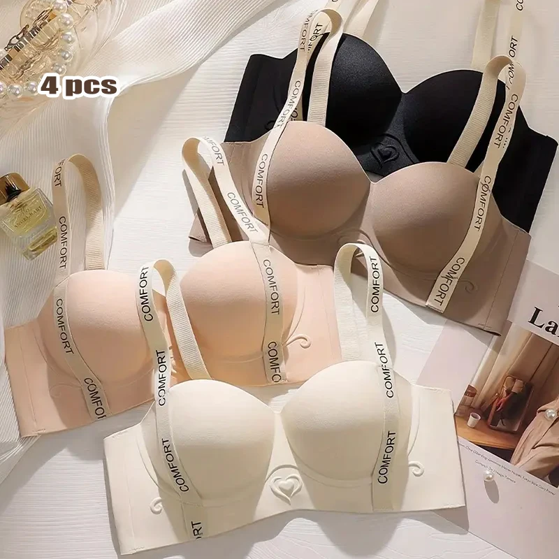 4pcs Women's Push-Up Bra, Wireless Half-Cup with Seamless Back, Non-Removable Pads, Nylon and Spandex, Letter Pattern