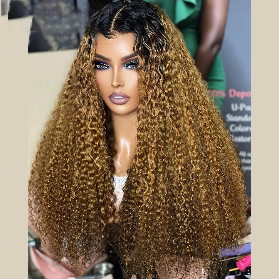 Soft Glueless 180Density Ombre Blond Kinky Curly 26Inch Lace Front Wig For Black Women BabyHair Heat Resistant Preplucked Daily