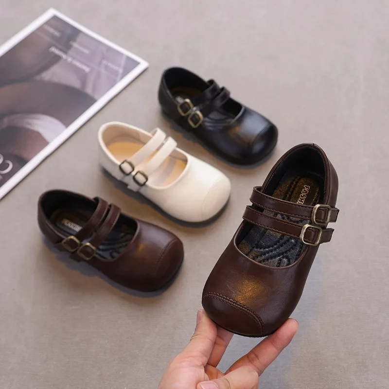 Spring Autumn Kids Leather Shoes Retro Solid Color Girls School Flat Shoes Walking Non-slip Lightweight Children Mary Jane Shoes