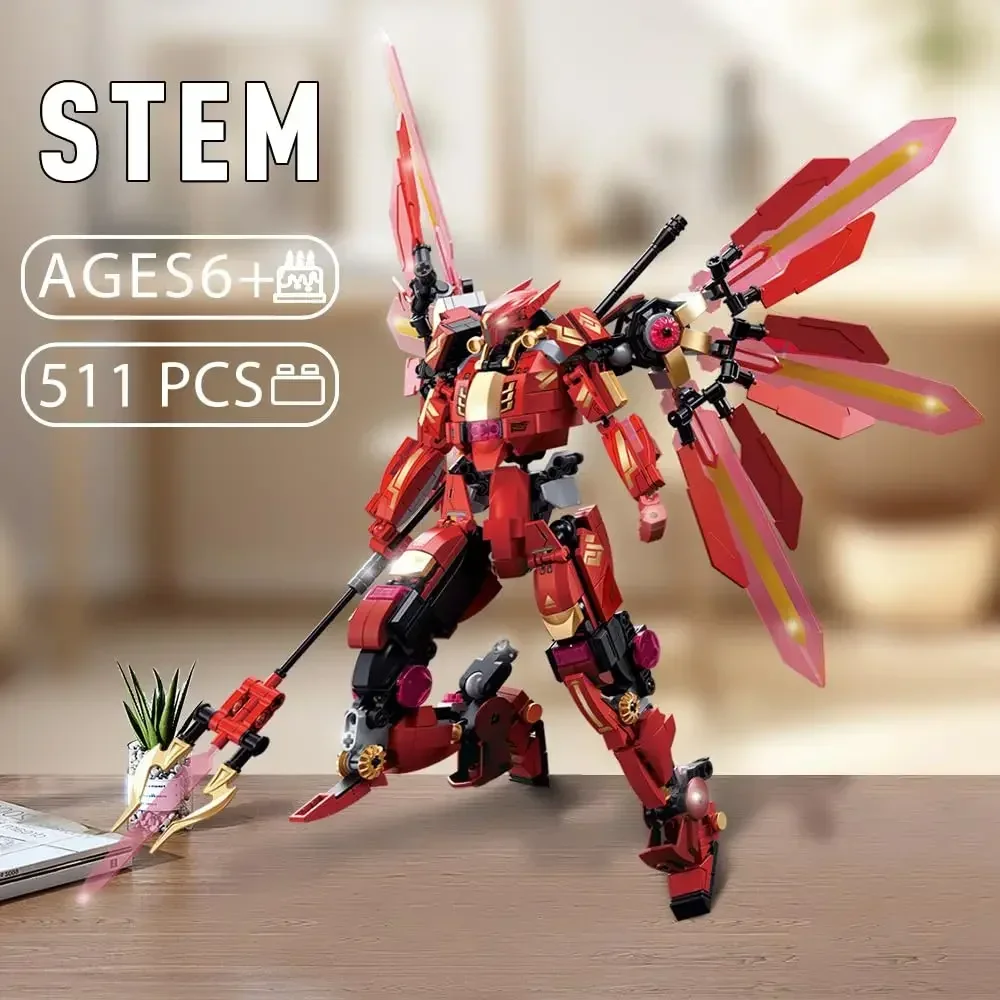 

511PCS Red Halberd Athena Building Blocks Flame Mecha Figure Bricks Model Idea Desktop Display Kids DIY Toys Holiday Gifts