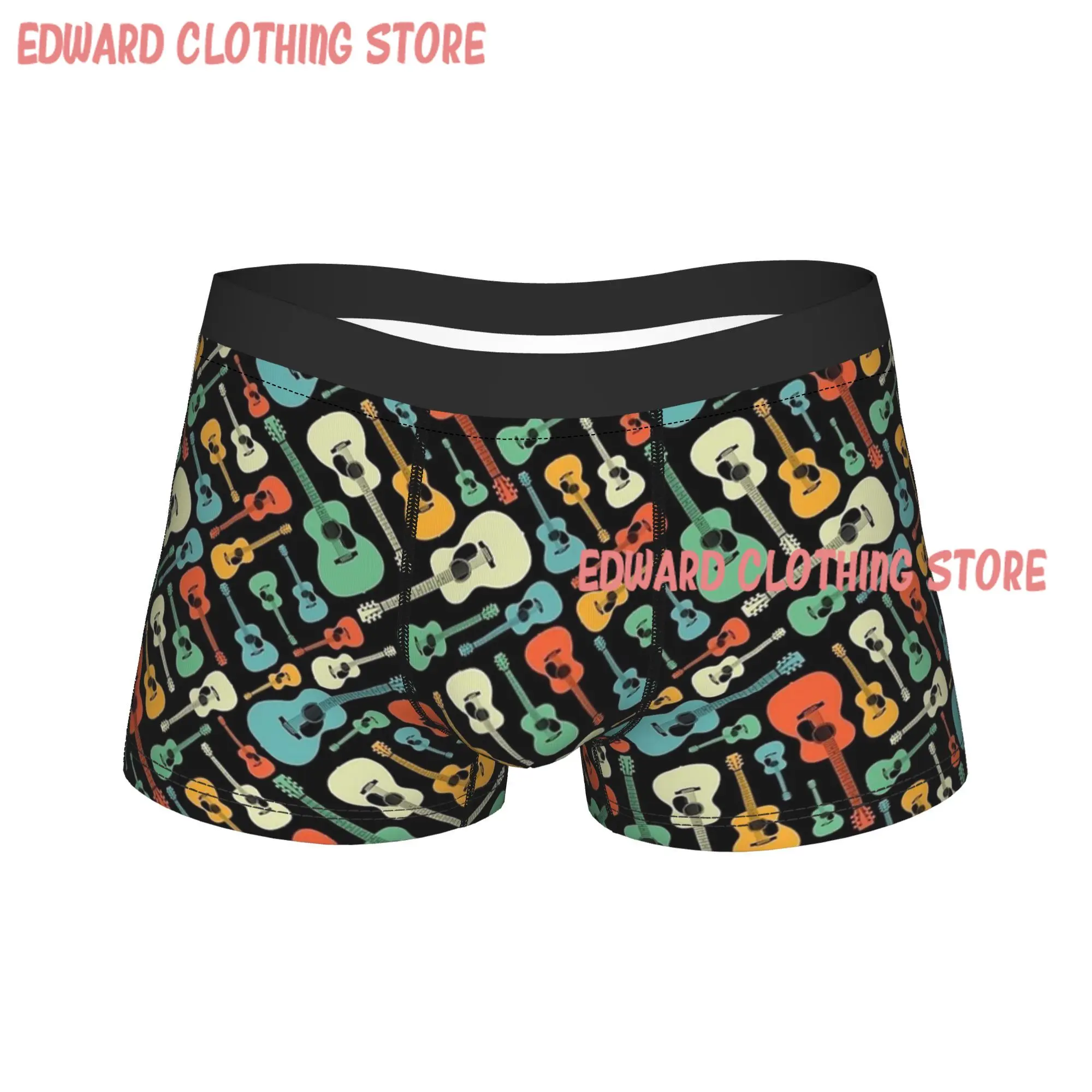 Acoustic Guitar Retro Theme Boxer Shorts  Pouch Underwear Quality Printed Boxer Brief Novelty Males Underpants Plus Size